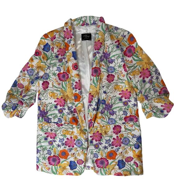 Milk & Honey Floral Blazer Women's M Open Front Jacket Ruched Sleeves - Picture 1 of 8